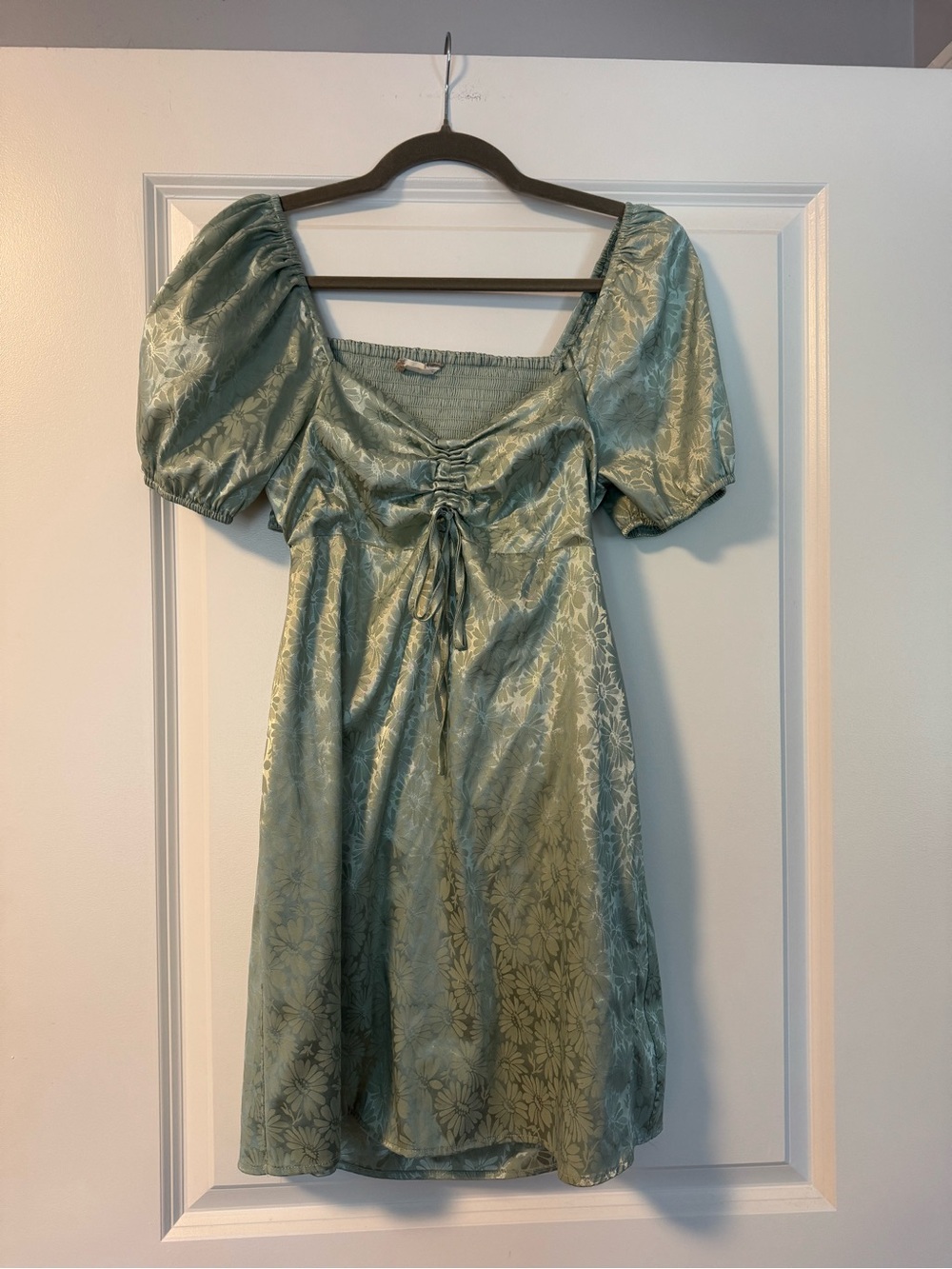 Altar'd State Light Sage Puff-Sleeve Tie-Front Daisy Print Dress